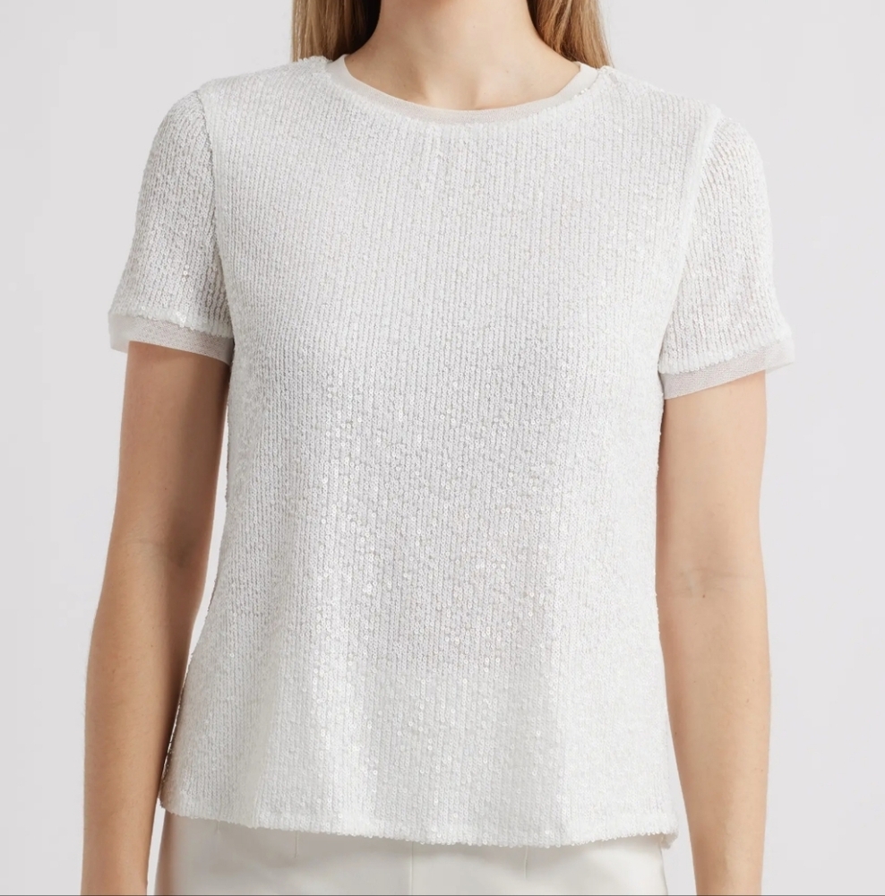 Anne Klein Sequin Mesh T-Shirt White Textured Women's Top